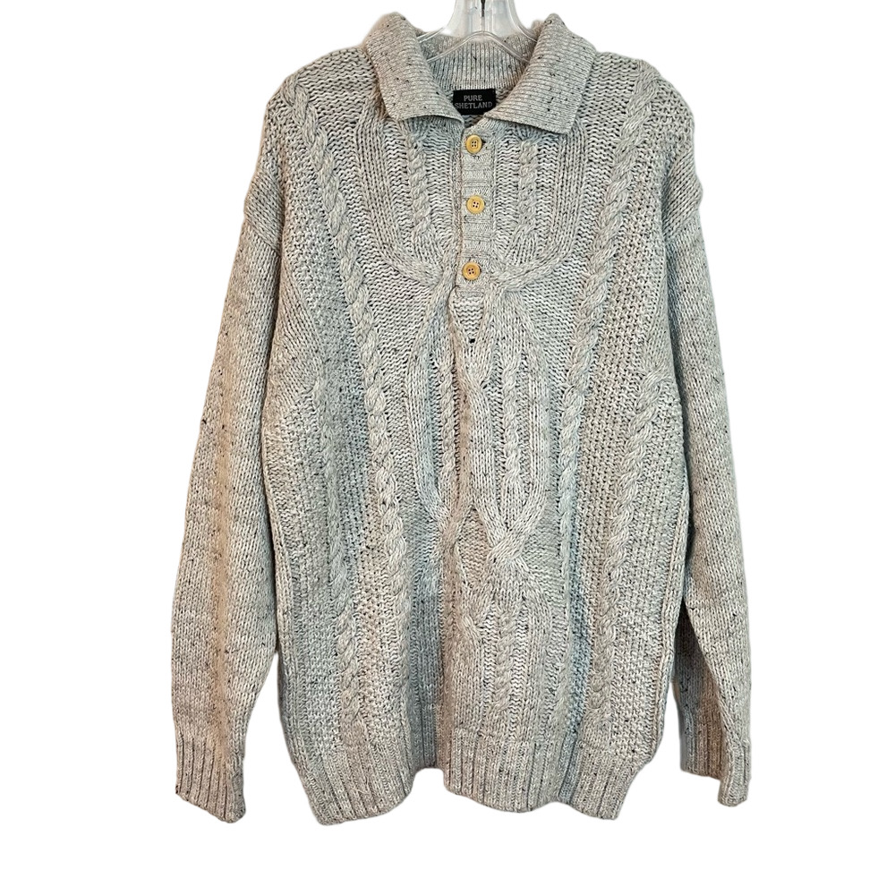 Pure Shetland Grey Speckled Cable Knit Collar Sweater XXL Fisherman Wool Blend